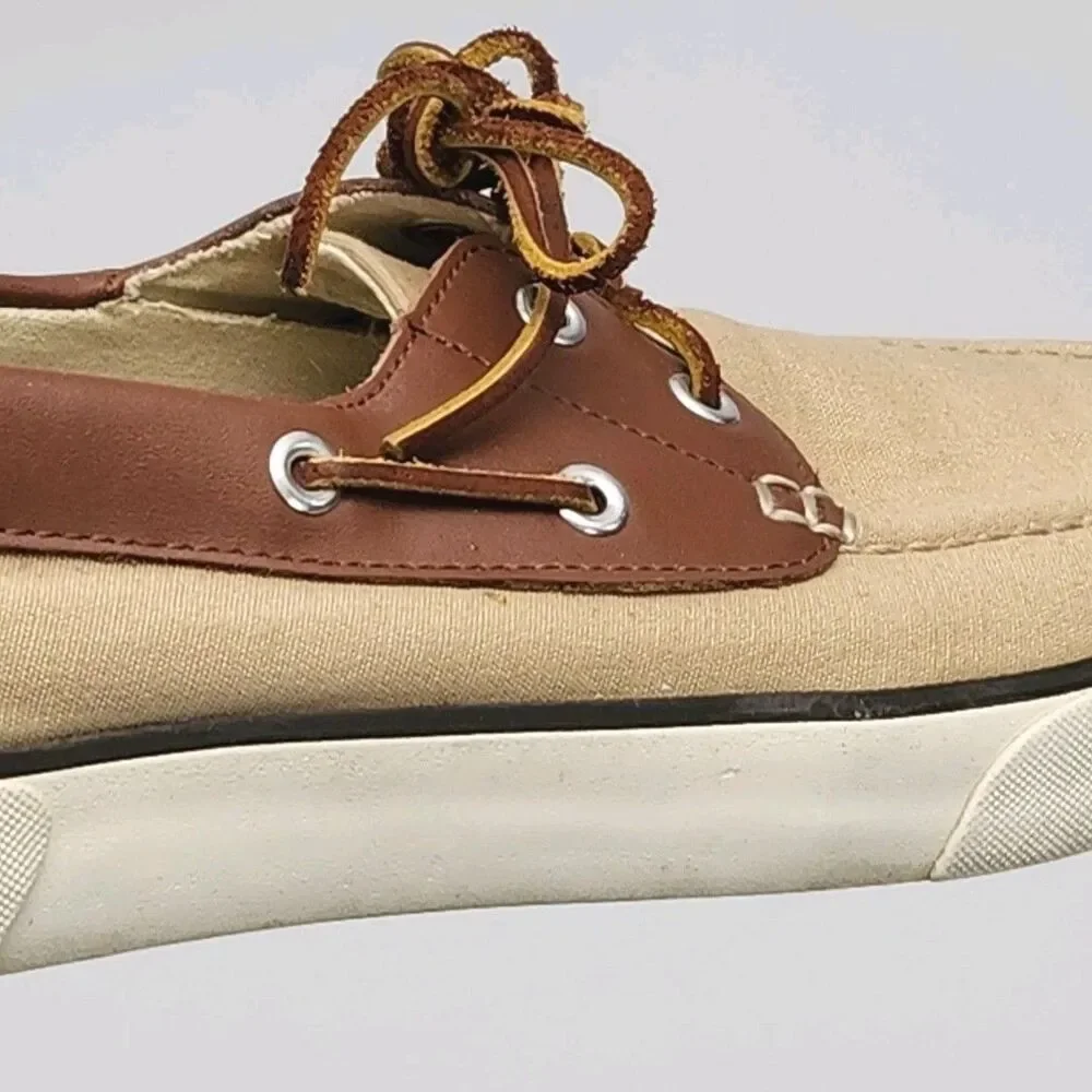 Polo Ralph Lauren Boat Shoes Men Sz 9.5 D Tan Brown Canvas Leather Rylander